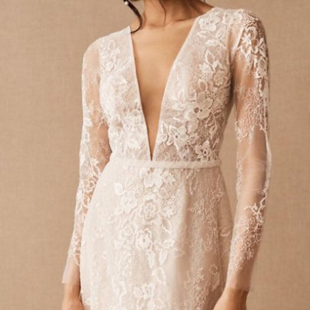 BHLDN Riki Dalal Joan Illusion V-Neck Long-Sleeve Lace Wedding Gown